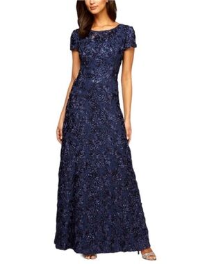 ALEX EVENINGS Navy Blue Lace Sequin Maxi Dress Woman’s Sz 12 Beautiful MOB Dress